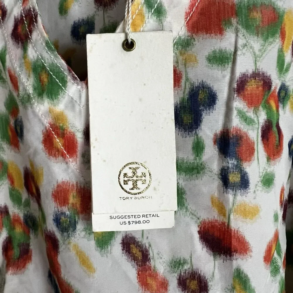 Tory Burch Taffeta Puffed Sleeve Dress Tossed Confetti Floral V-Neck 63672 SZ 10